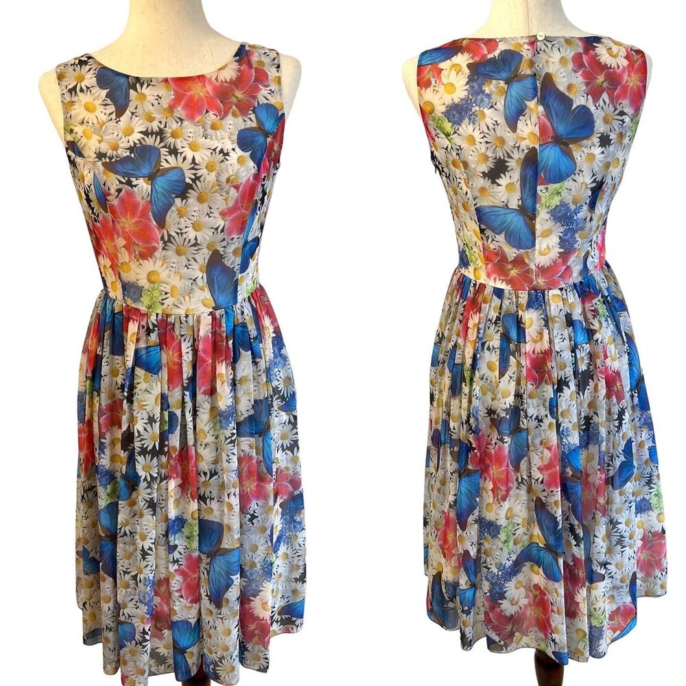 Daisy Orchid Floral Butterfly Print Sleeveless Pleated Dress | Size Small